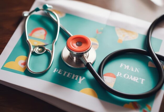 Photo souscrire à une assurance maladie pour la famille stéthoscope cœur en papier et silhouette de la famille sur fond en bois vue supérieure