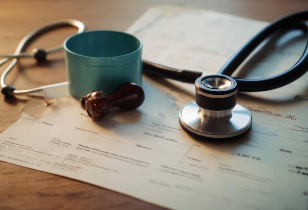 Souscrire à une assurance maladie pour la famille Stéthoscope cœur en papier et silhouette de la famille sur fond en bois vue supérieure