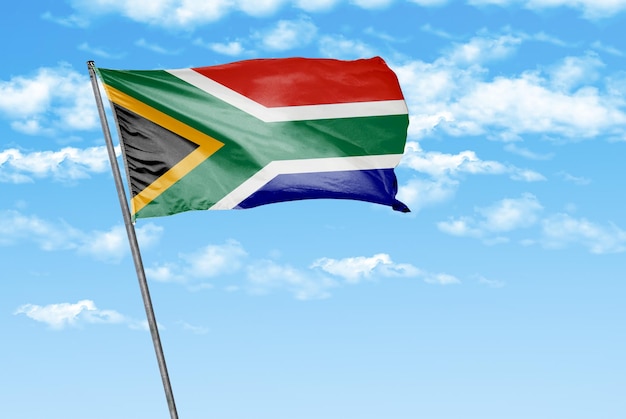 south_africa 3D waving flag on a sky blue with cloud background image