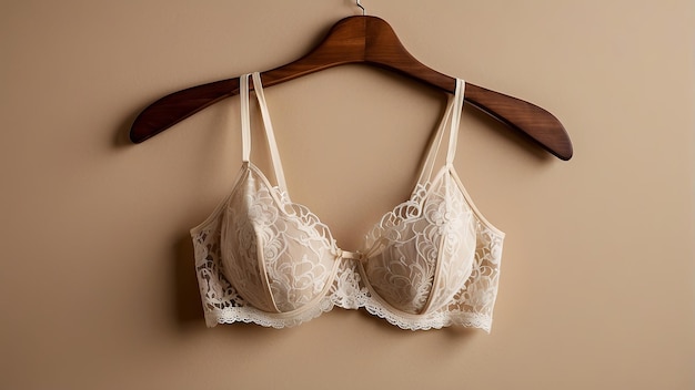 un soutien-gorge en dentelle accroché à un cintre en bois sur un fond beige