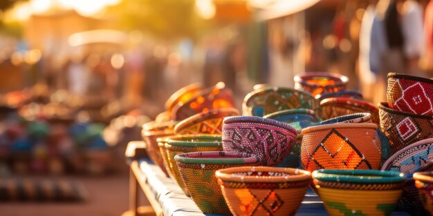 Souvenir africain Vibrant plat d'argile Tajine fait à la main dans un marché marocain coloré