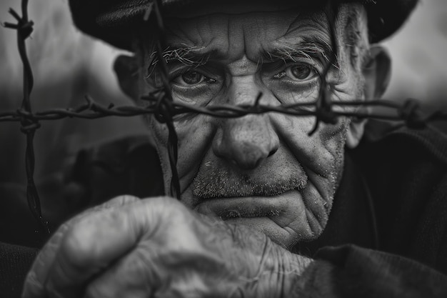 Photo souvenir solennel d'une personne épuisée dans le camp de concentration de l'holocauste tragédie de buchenwald auschwitz trostenets a enduré des horreurs inimaginables témoignant des atrocités de la seconde guerre mondiale