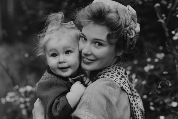 Des souvenirs d'amour, des photos en noir et blanc, des souvenirs nostalgiques d'une famille aimante, un aperçu des moments de tendresse passés entre une mère et son bébé, des émotions sincères.