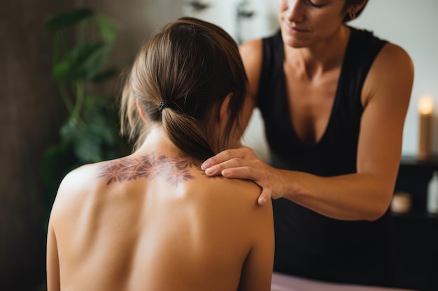 Soyez témoin du processus détaillé d'une femme qui se fait tatouer le dos, capturant le design et l'expérience. Une thérapeute manipulant l'omoplate d'une jeune patiente générée par l'IA