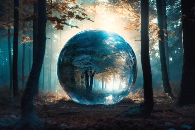 Soyez témoin de la fusion fascinante d'un arbre et d'un globe au milieu d'une forêt en toile de fond