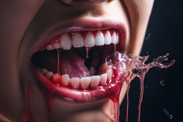 Soyez témoin d'une image effrayante de la bouche d'une femme avec du sang qui en coule, créant un visuel étrange et troublant Femme avec des saignements des gencives pendant le brossage des dents Problème de brosse à dents dure généré par l'IA