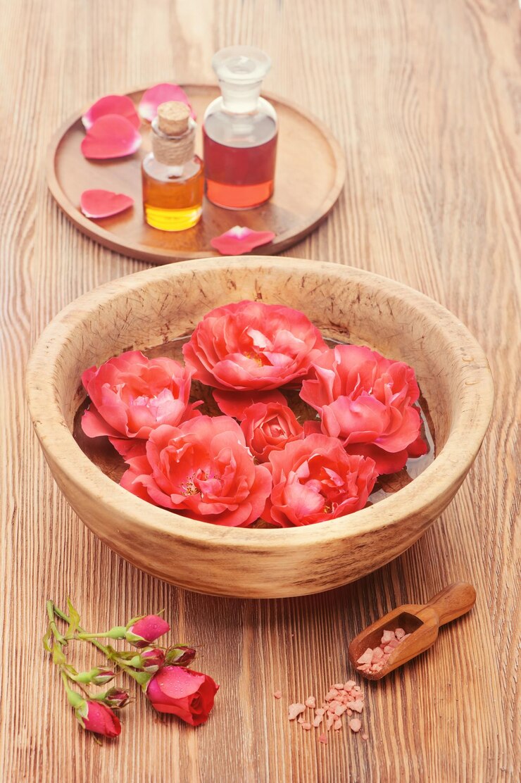 Spa aromathérapie et soins du corps bol fleurs roses et huile de rose