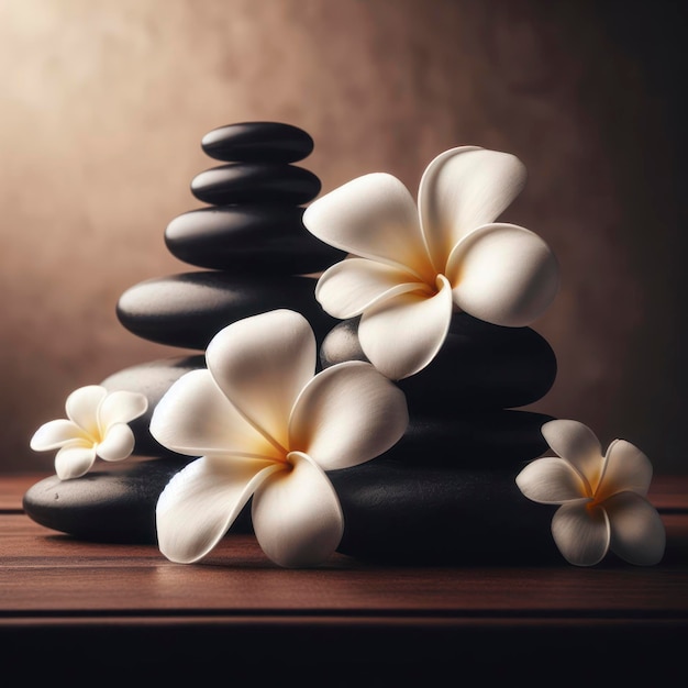 spa ou centre de thérapie de massage de méditation bannière de fleurs de plumeria blanches et pile de pierres noires ai générative