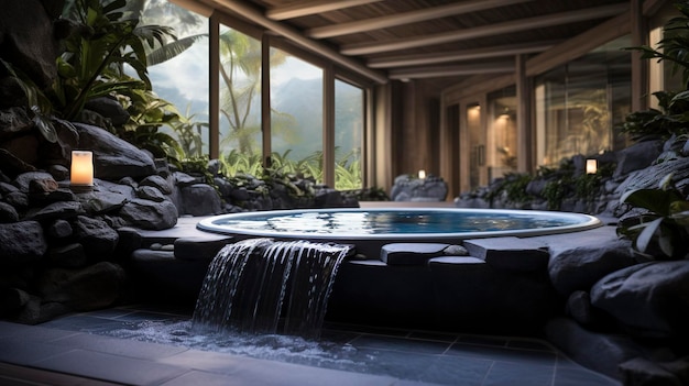 Un spa extérieur tranquille avec un bain à chaud entouré de nature et de bougies au crépuscule.