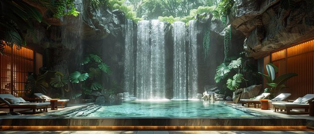 Spa inspiré de la forêt tropicale avec des chutes d'eau intérieures et des sons de la jungle