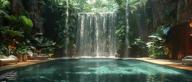 Spa inspiré de la forêt tropicale avec des chutes d'eau intérieures et des sons de la jungle