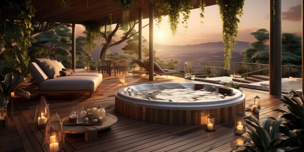 Photo un spa à la maison avec une terrasse en bois, des sièges modernes et un bain à chaud.