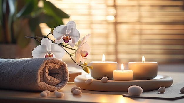 Spa Massage pierres avec des bougies et des serviettes sur tapis de bambou Concept de méditation