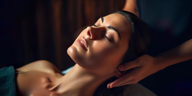 Photo un spa de massage de la tête relaxant où une brune sereine reçoit le toucher équilibrant d'un spécialiste expérimenté