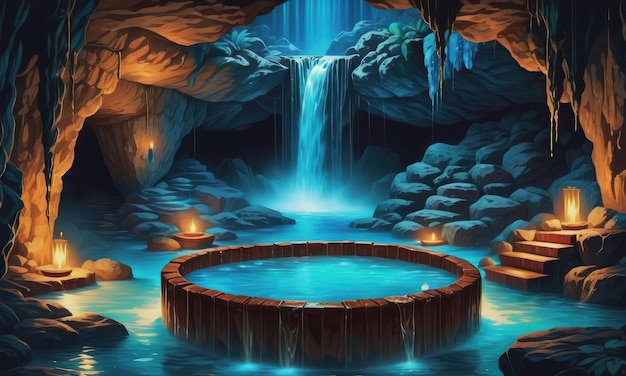 spa massif dans une grotte humide chute d'eau éclairage bleu