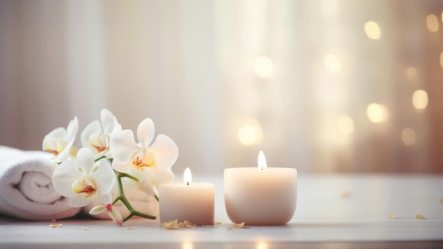 Un spa qui respire la paix avec sa bougie lumineuse à composition florale zen et ses pierres de massage