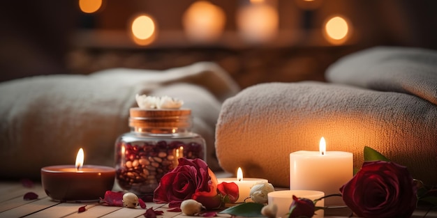 Photo spa romantique ambiance cosy bougie floue fleurs rose clair salon de détente