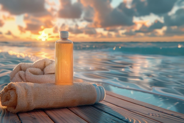 Un spa serein avec des serviettes roulées et une bouteille au bord de la mer tranquille au Sunset Wellness and Relaxation