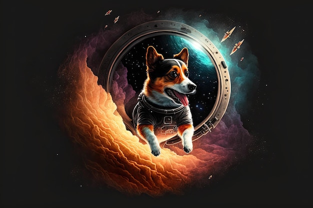 Space Dog entrant dans un trou noir lumineux avec des planètes et des étoiles en arrière-plan illustration générative ai