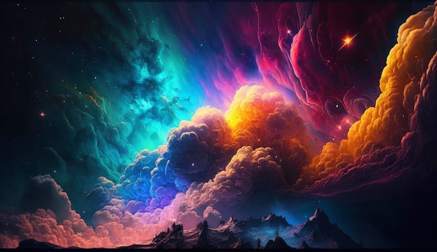 Space Fantasy background Ciel étoilé coloré Couleurs néon Ai générative