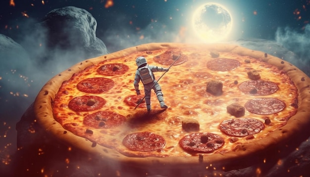 Photo spaceman et pizza sur l'espace techniques mixtes