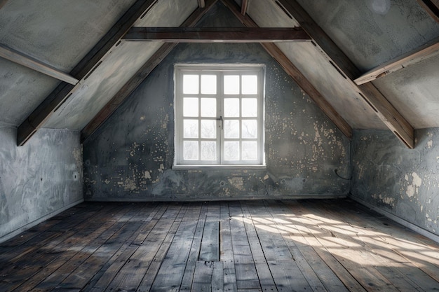 Spacieuse chambre au grenier vintage avec plancher en bois grande fenêtre et murs texturés idéal pour