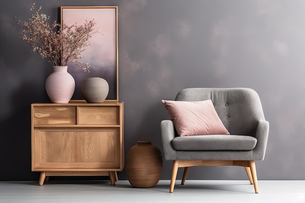 Spacieux salon rose avec fauteuil gris et armoire en bois contenant un vase sombre