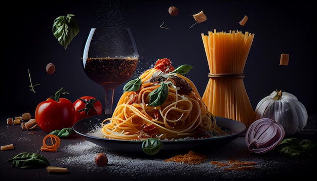 Spaghetti au poulet et sauce tomate sur une table en bois dans la cuisine ai générative