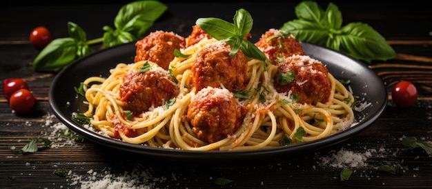 spaghetti aux boulettes de viande et basilic sur une plaque noire