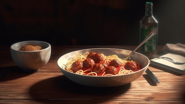 Spaghetti aux boulettes de viande dans un bol blanc sur une table en bois ai générative