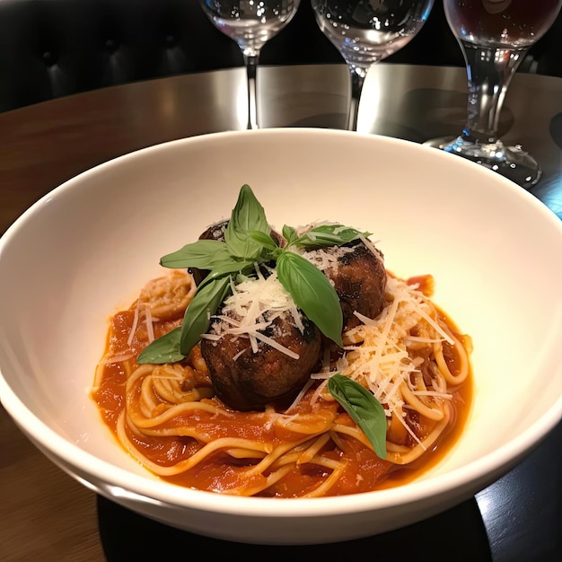 Spaghetti aux boulettes de viande et sauce tomate dans un bol blanc