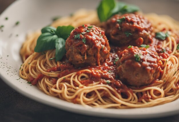 Spaghetti aux boulettes de viande et sauce tomate sur fond de bois