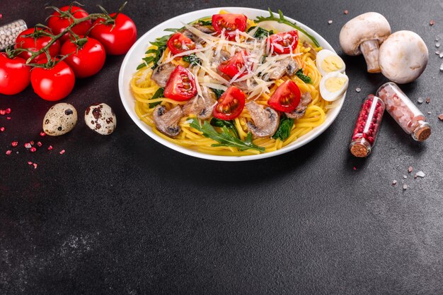 Spaghetti aux champignons, fromage, épinards, rukkola et tomates cerises. Plat italien, culture méditerranéenne