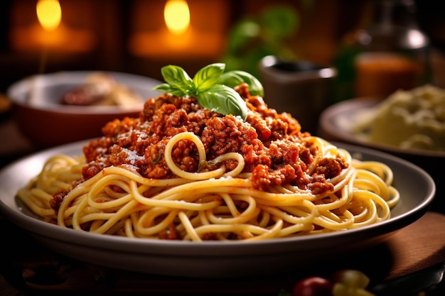 Spaghetti bolognese avec sauce tomate et basilic sur fond noir