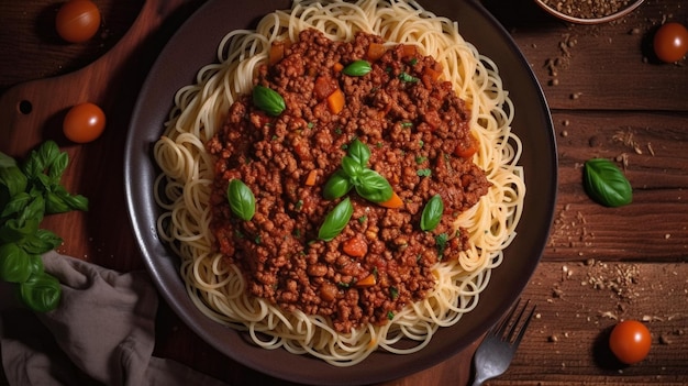 Spaghetti Bolognese vue du haut vers le bas