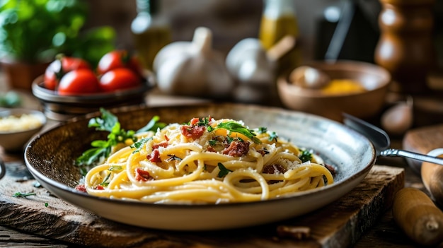 Spaghetti Carbonara contre une charmante cuisine italienne