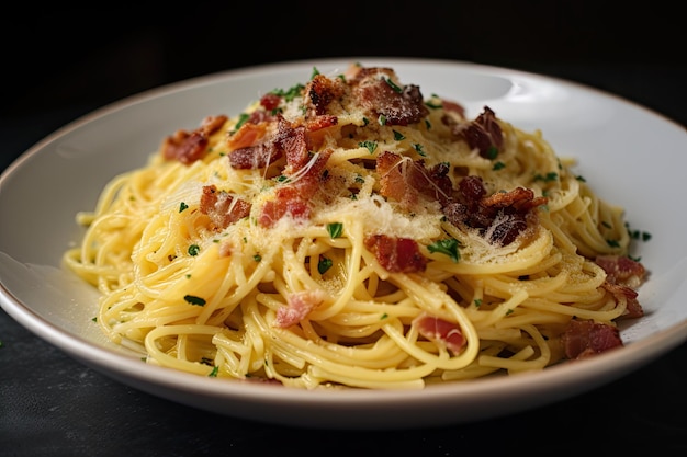 Spaghetti carbonara avec pancetta supplémentaire et fromage sur le dessus créé avec générative ai