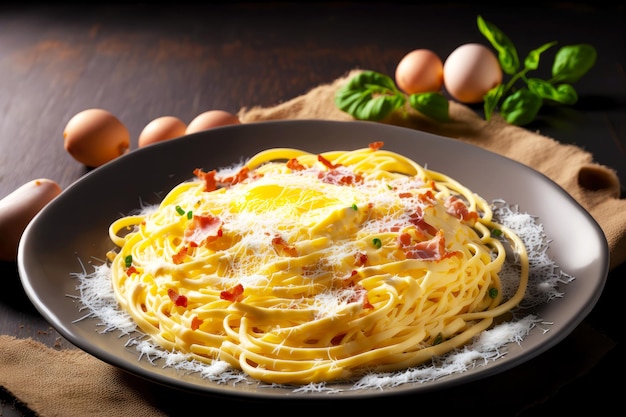 Spaghetti carbonara sur plaque gris-brun et fond de toile de jute et d'oeufs