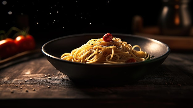 Spaghetti dans un bol sur un fond en bois sombre mise au point sélective IA générative