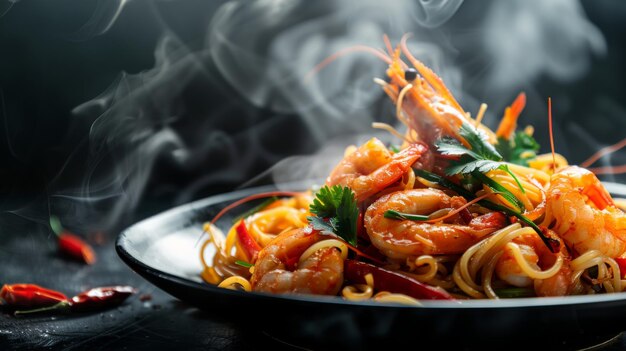 Photo spaghetti épicé frite fruits de mer style thaïlandais spaghetti pad kee mao sur noir plat sur fond sombre avec de la fumée et de la vapeur vue de côté avant focus sélectif à l'avant-garde concept alimentaire