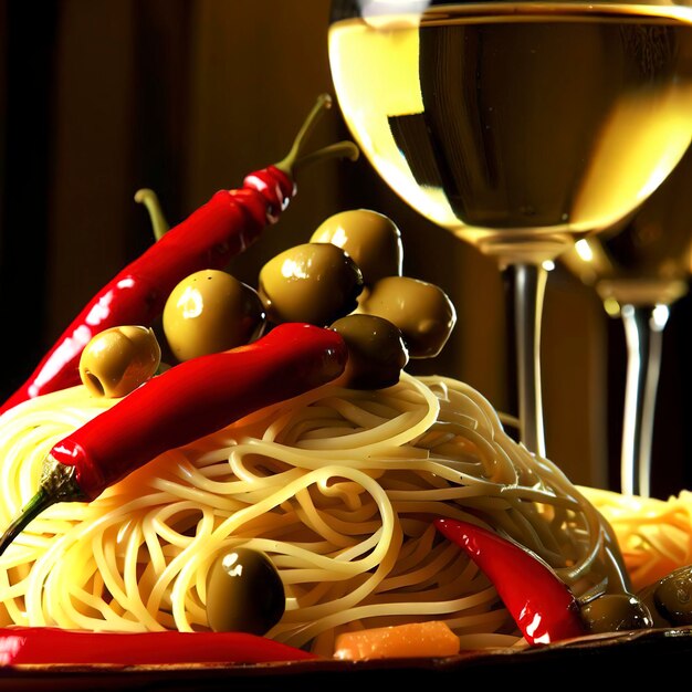 Photo spaghetti olives piments et vin blanc