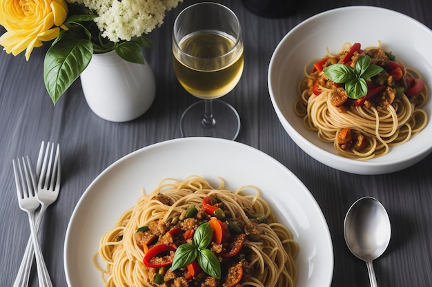 spaghetti olives piments et vin blanc