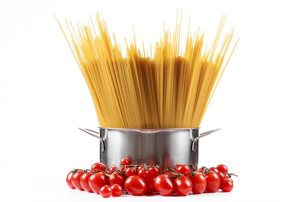 Spaghetti de pâtes dans une casserole en métal sur un fond blanc avec des tomates