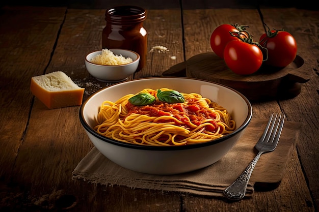 Spaghetti de pâtes sèches avec sauce dans un bol sur une table en bois générative ai