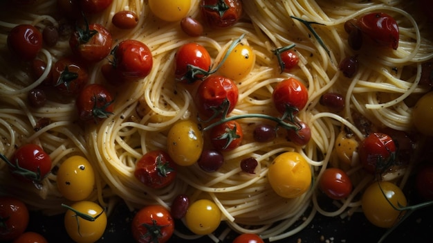 Photo spaghetti avec une sauce à l'ail et à l'huile d'olive et tomates cerises rôties