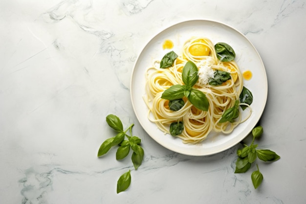 Spaghetti à la sauce pesto et feuilles de basilic frais sur fond blanc