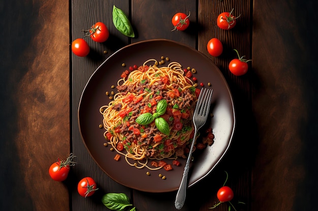 Spaghetti à la viande et aux légumes hachés vue de dessus verticale aspect rustique