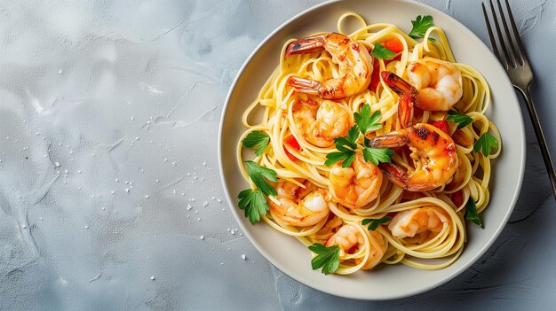 Spaghettis aux pâtes avec des crevettes grillées sauce béchamel Spaghetti avec de la crème riche en fruits de mer
