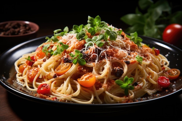 Spaghettis à la bolognaise avec parmesan et tomates publicité professionnelle photographie culinaire