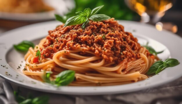 Des spaghettis bolognaises délicieux avec du basilic frais